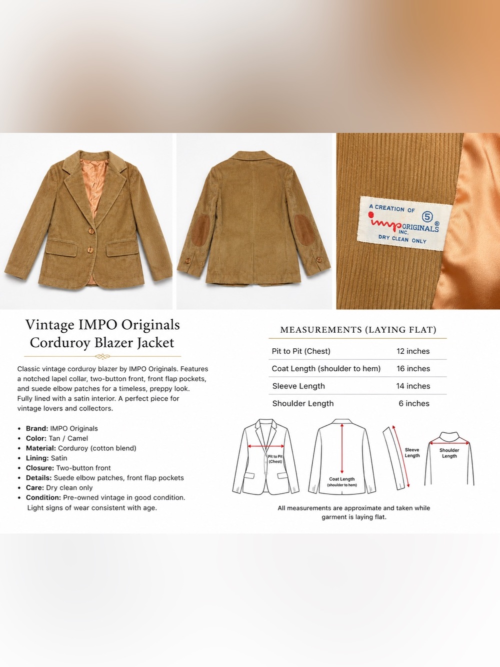 Vintage- IMPO Originals Tan Kid’s Corduroy Blazer